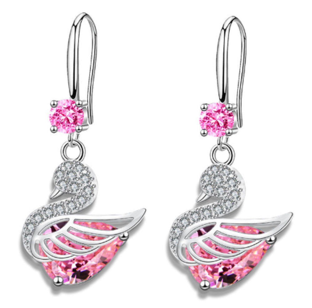 Hypoallergenic Sterling Silver Pink Crystal Swan Drop Earrings