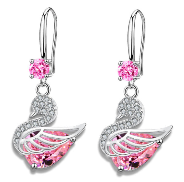Hypoallergenic Sterling Silver Pink Crystal Swan Drop Earrings