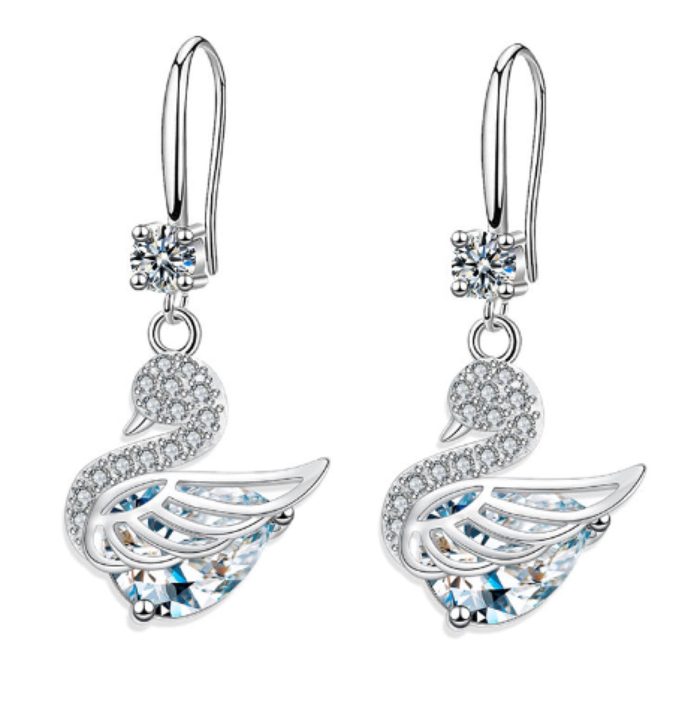 Hypoallergenic Sterling Silver White Crystal Swan Drop Earrings