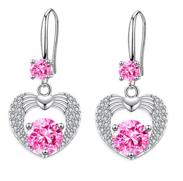 Silver-Tone Pink Crystal Winged Heart Drop Earrings