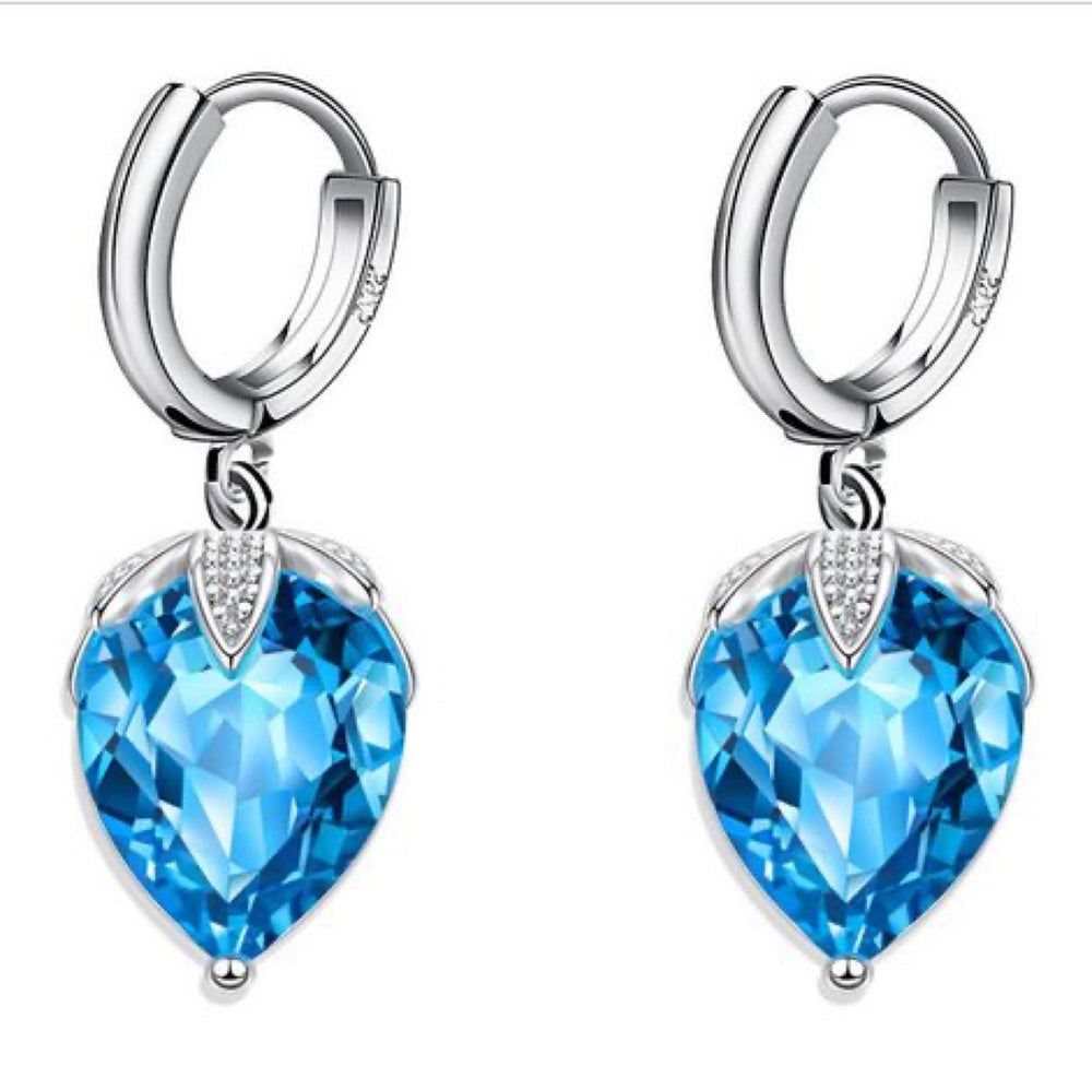 Silver-Tone Aqua Blue Pear Crystal Leaf Cap Drop Earrings