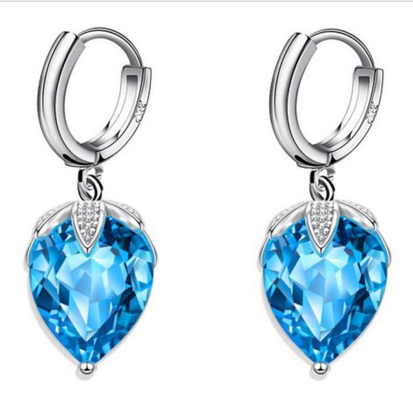 Silver-Tone Aqua Blue Pear Crystal Leaf Cap Drop Earrings