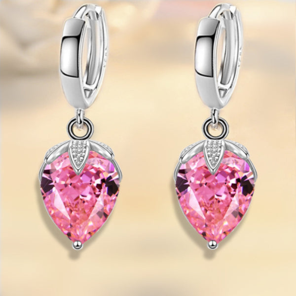Silver-Tone Pink Pear Crystal Teardrop Huggie Earrings
