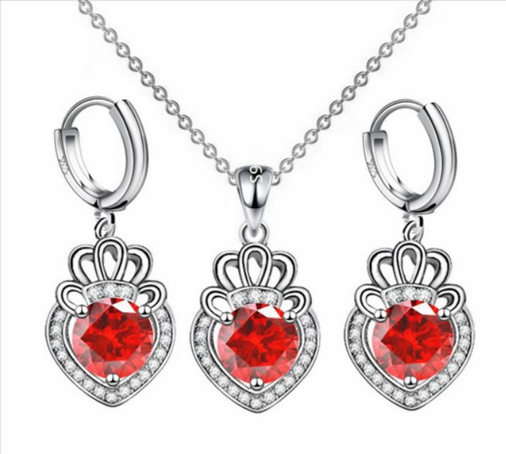 Silver-Tone Red Crystal Heart Drop Earrings
