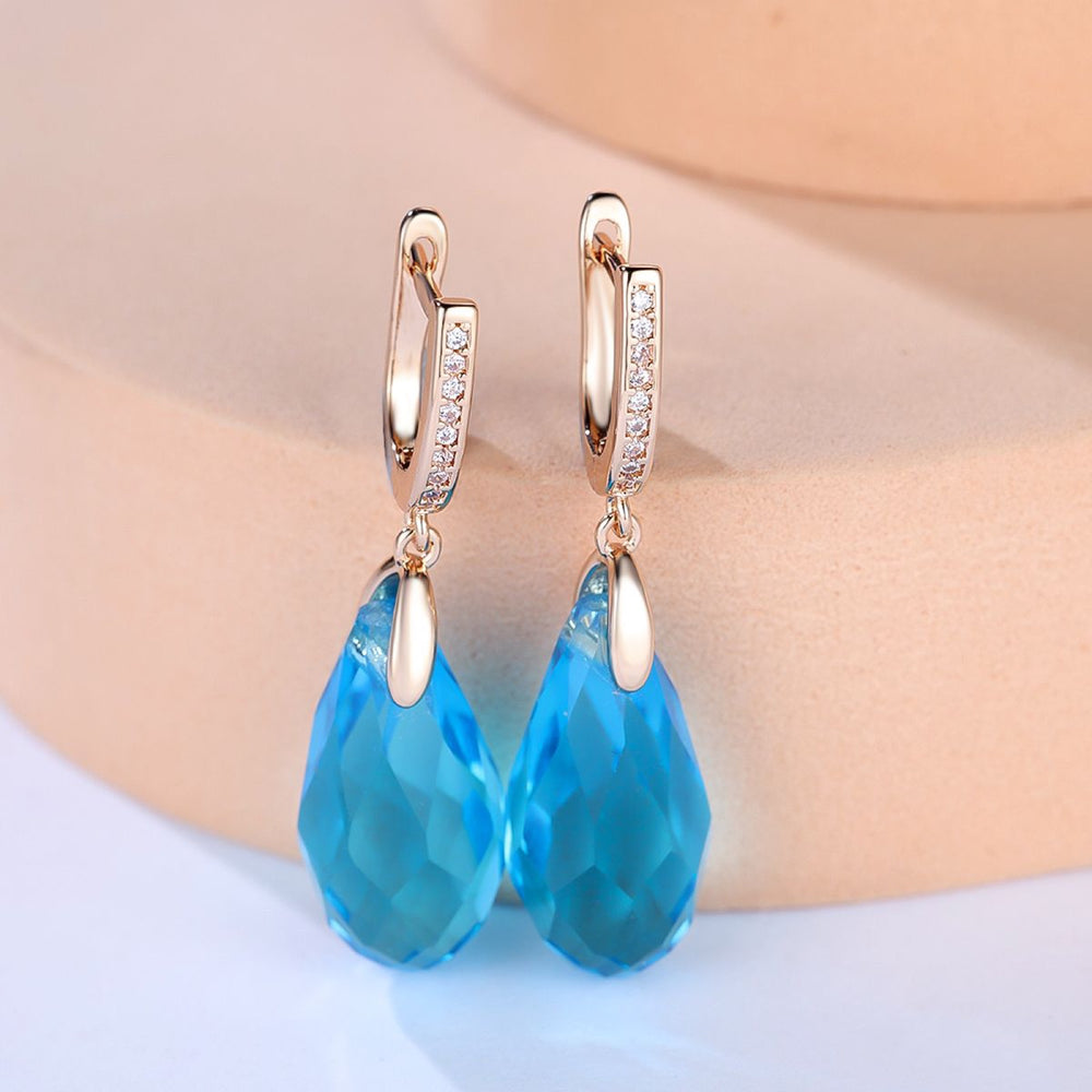 Champagne Gold-Tone Aqua-Blue Glass Briolette Drop Earrings