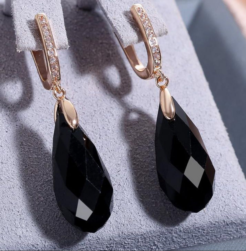 Champagne Gold-Tone Faceted Black Glass Teardrop Drop Earrings
