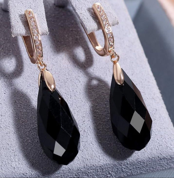 Champagne Gold-Tone Faceted Black Glass Teardrop Drop Earrings