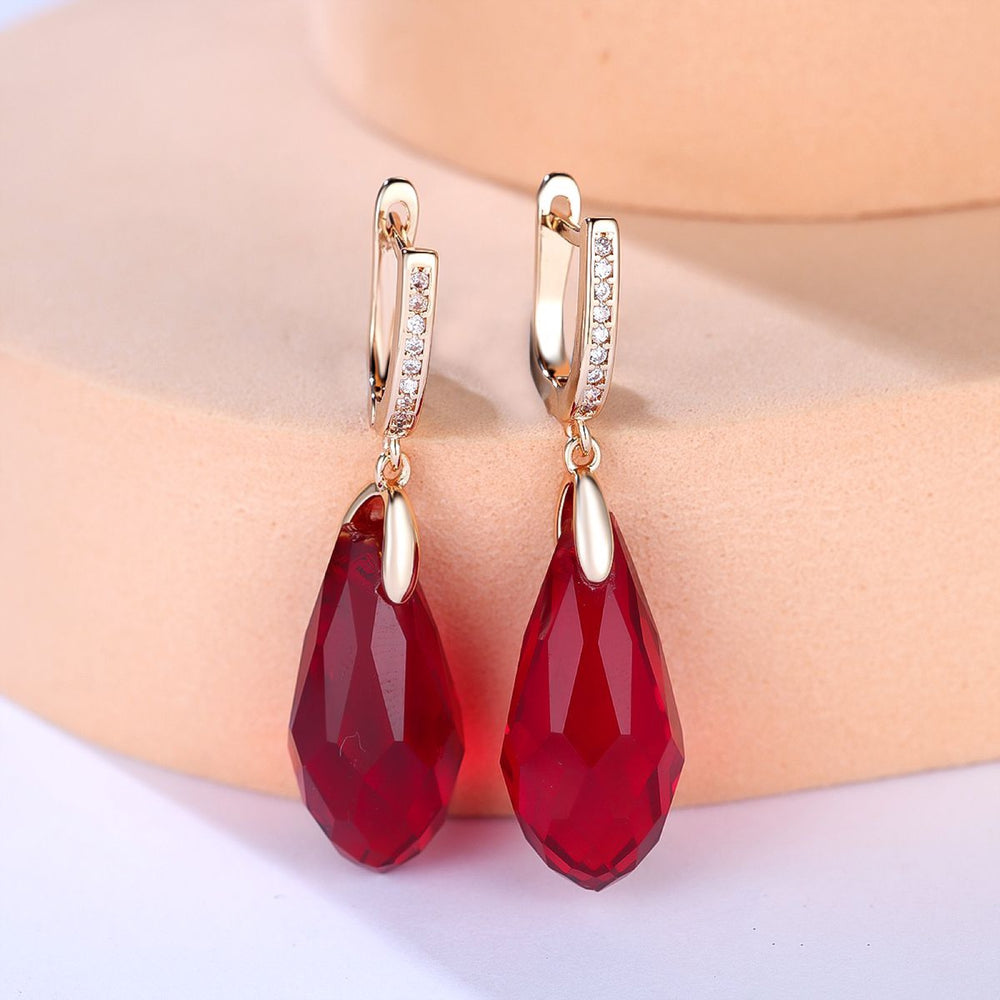 Champagne Gold-Tone Deep Red Crystal Briolette Drop Earrings
