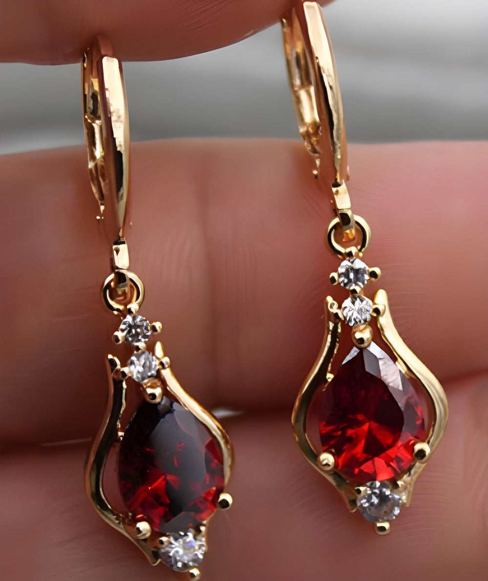 Gold-Tone Teardrop Red Crystal Drop Earrings with CZ Accents