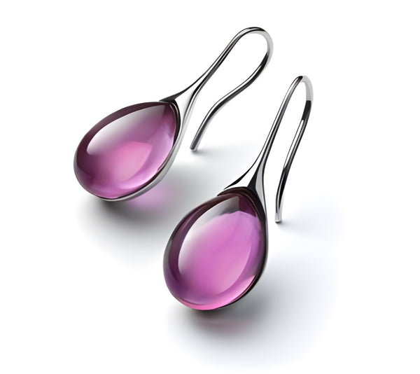 Silver-Tone Purple Cat-Eye Stone Teardrop Drop Earrings