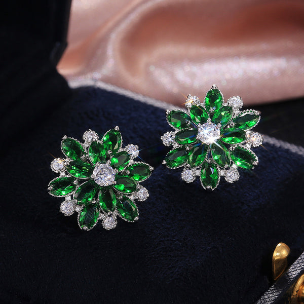Silver-Tone Green Marquise Crystal Snowflake Stud Earrings