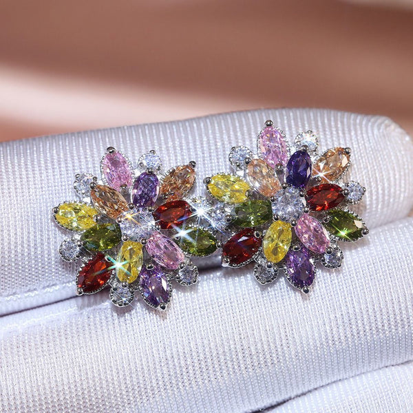 Silver-Tone Multicolor Marquise Crystal Snowflake Flower Stud Earrings