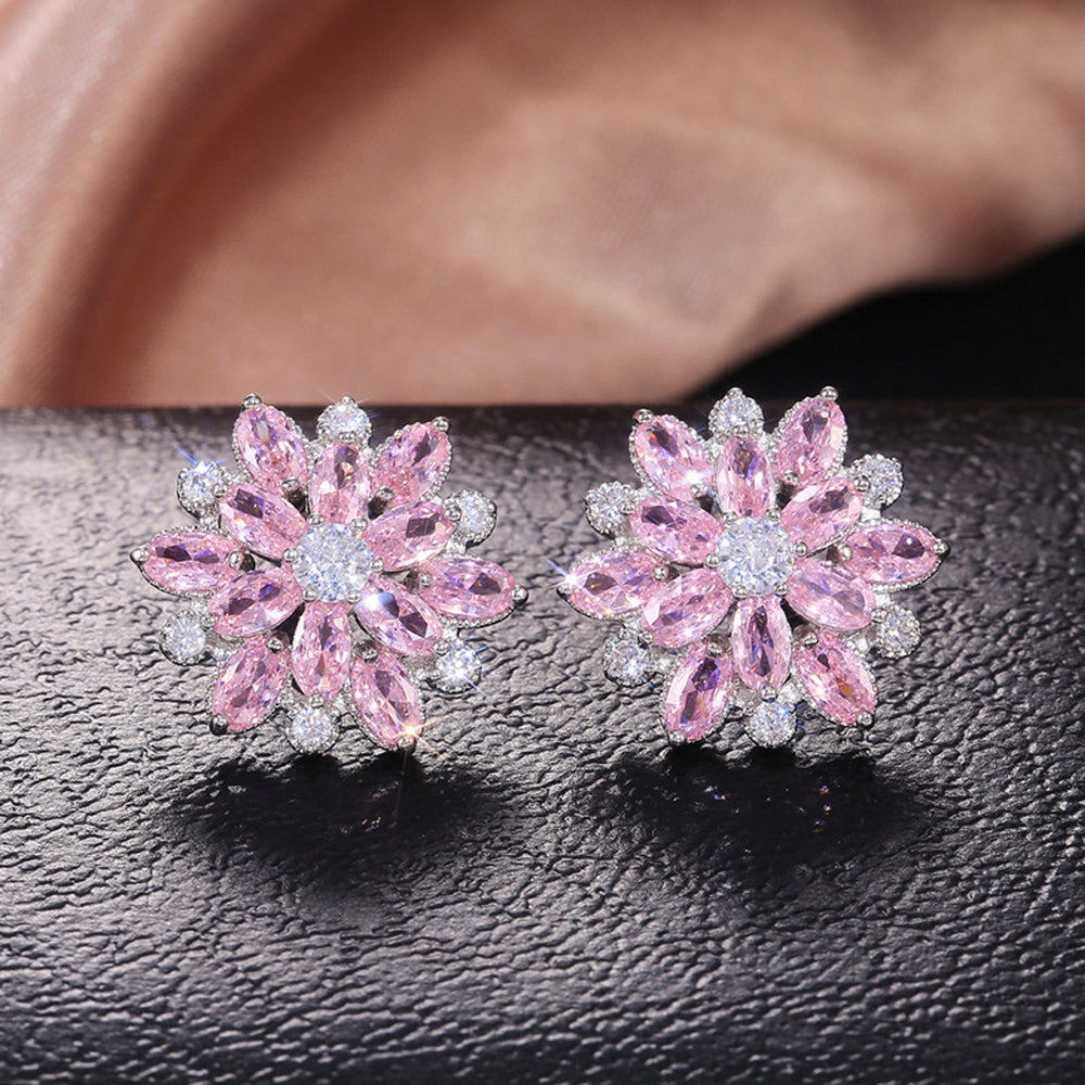 Silver-Tone Pink Crystal Snowflake Stud Earrings