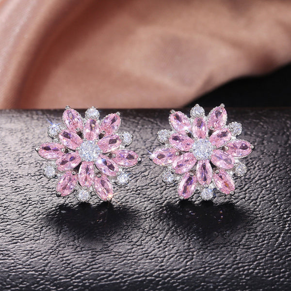 Silver-Tone Pink Crystal Snowflake Stud Earrings