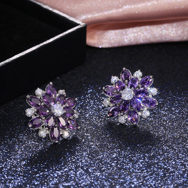 Silver-Tone Purple Marquise Crystal Snowflake Stud Earrings