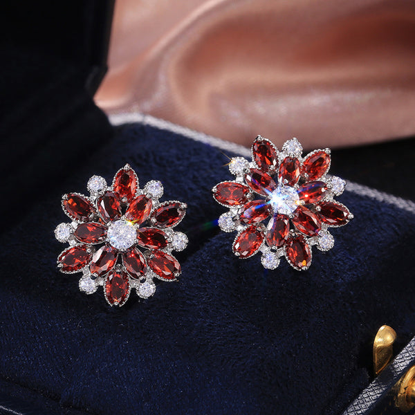Silver-Tone Red Marquise Crystal Snowflake Stud Earrings