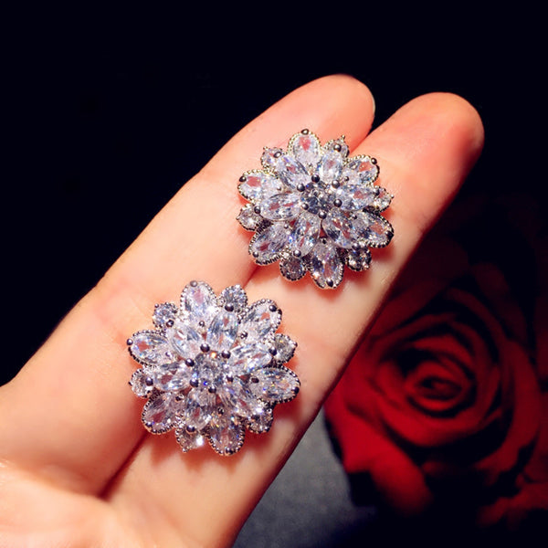 Silver-Tone White Crystal Marquise Snowflake Stud Earrings