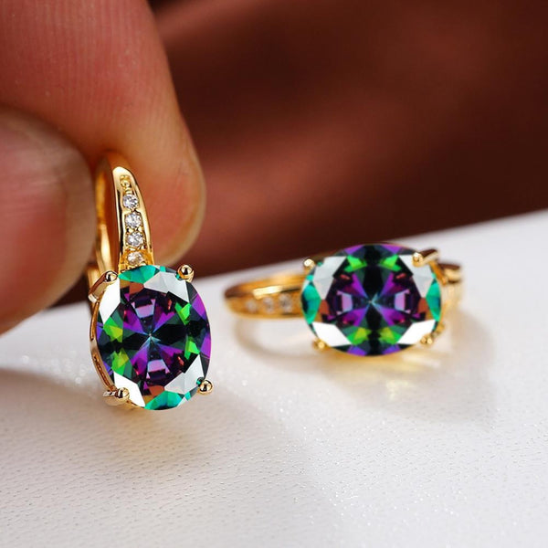 Gold-Tone Oval Mystic Rainbow Crystal Solitaire Huggie Earrings
