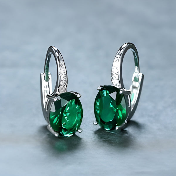 Silver-Tone Emerald-Green Oval Crystal Huggie Earrings