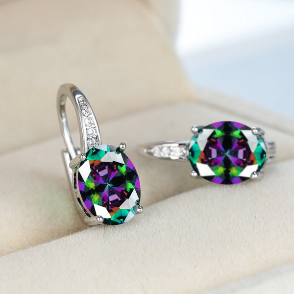 Silver-Tone Oval Mystic Rainbow Crystal Solitaire Huggie Earrings