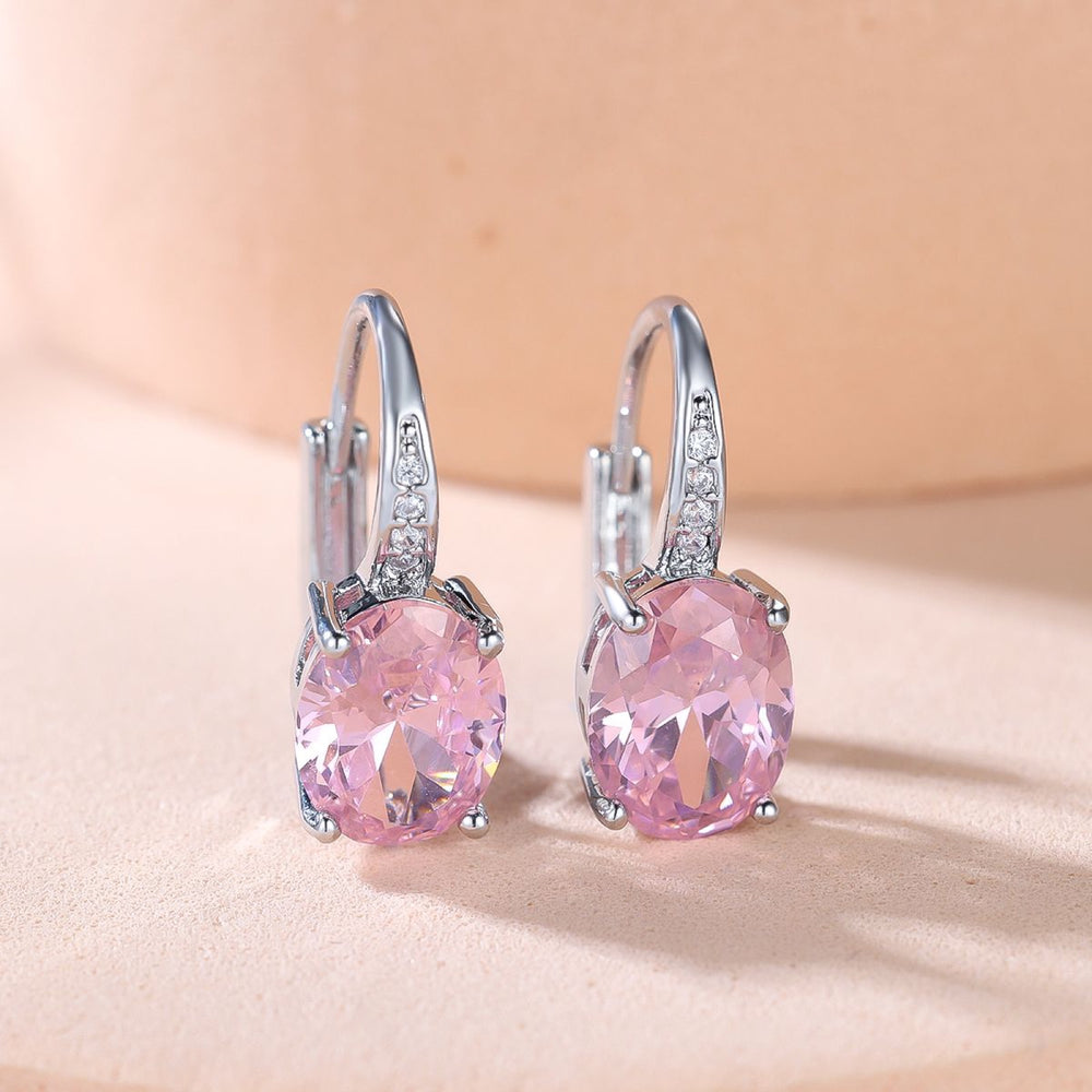 Silver-Tone Oval Pink Crystal Drop Earrings With Crystal Accents