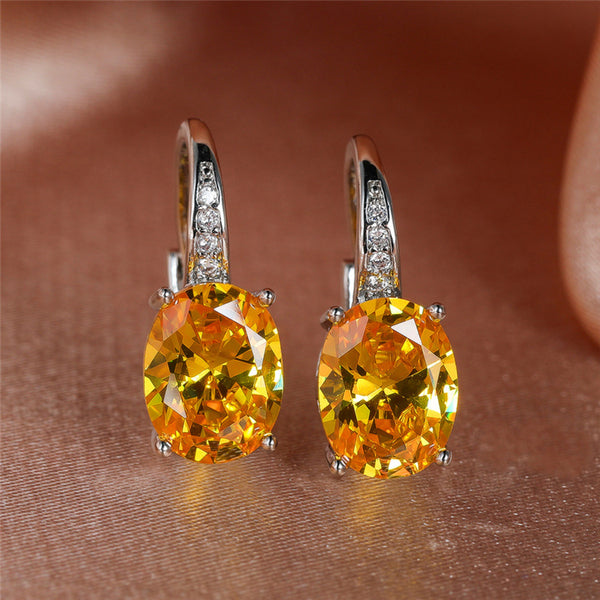 Silver-Tone Yellow Crystal Oval Solitaire Huggie Earrings