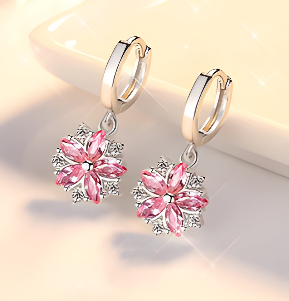 Silver-Tone Pink Cubic Zirconia Cherry Blossom Drop Earrings