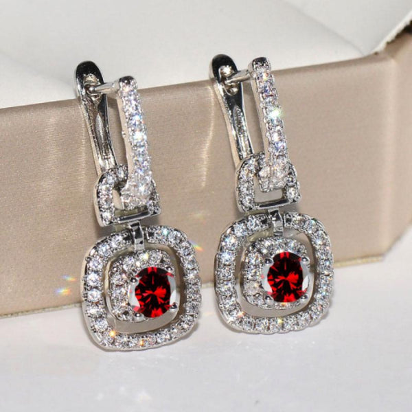 Silver-Tone Red Crystal Cushion Double Halo CZ Drop Earrings
