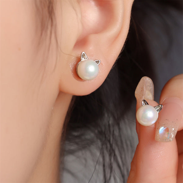 Silver-Tone Simulated Pearl Kitty Cat Ears Stud Earrings