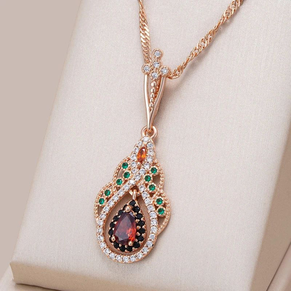 Champagne Gold-Tone Garnet-Red Teardrop Black Crystal Halo Necklace