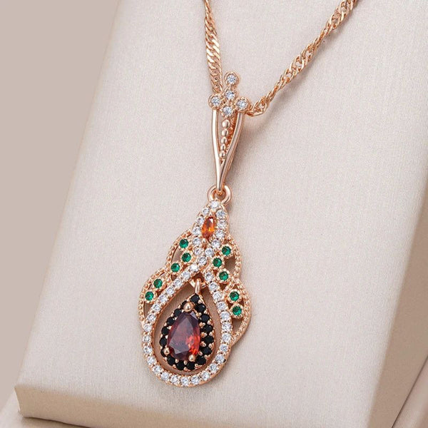 Champagne Gold-Tone Garnet-Red Teardrop Black Crystal Halo Necklace